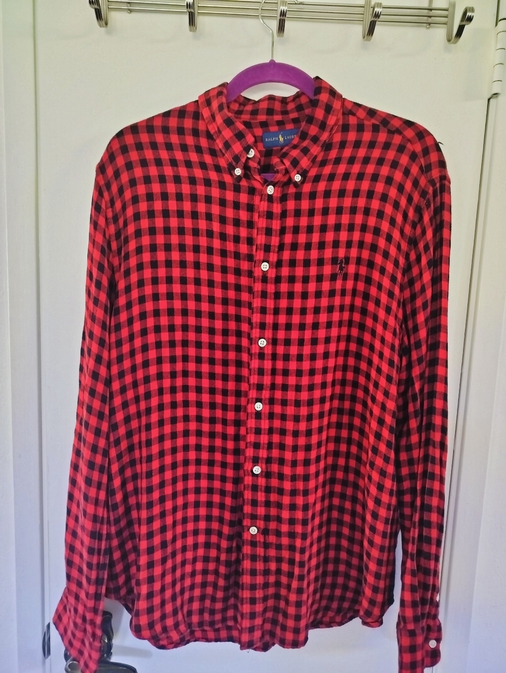 Ralph Lauren Red & Black Plaid Button-Down Shirt 100% Viscose XL